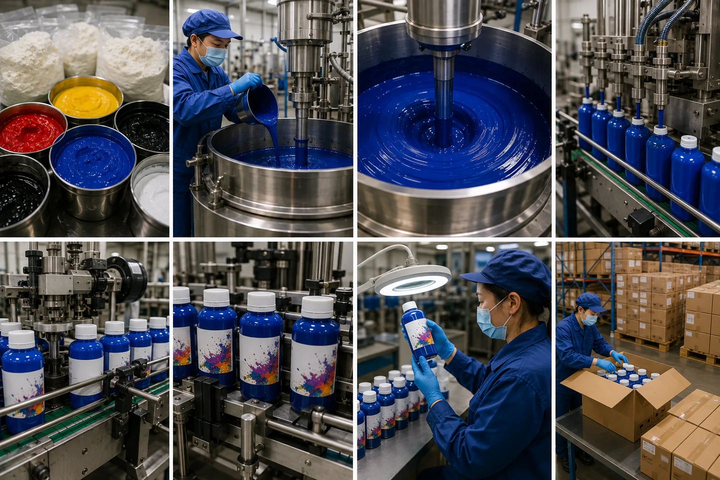 Acrylic paint mixing filling inspection and packing process