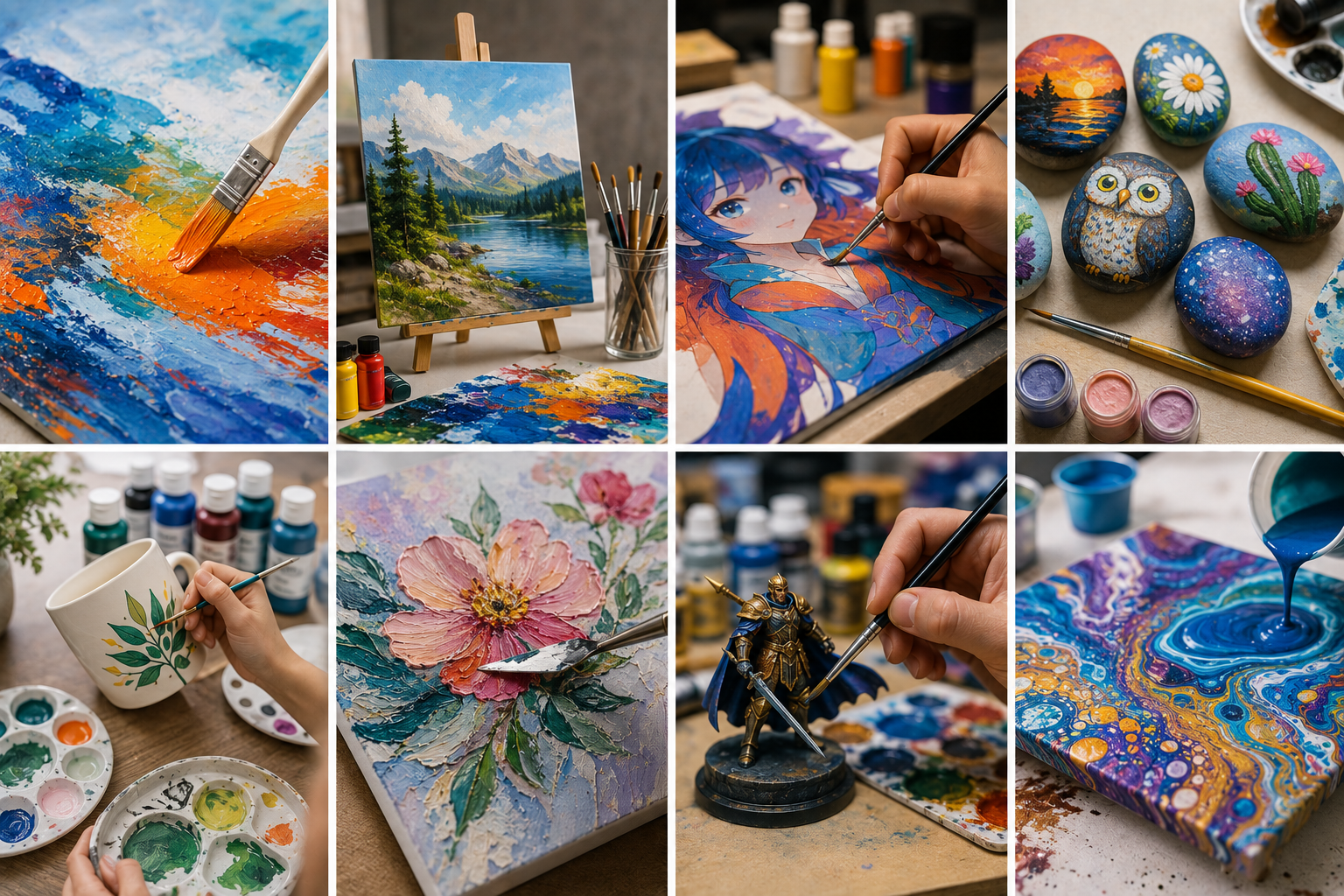 Acrylic paint application scenes for education, studios, paint bars, craft programs and retail sets