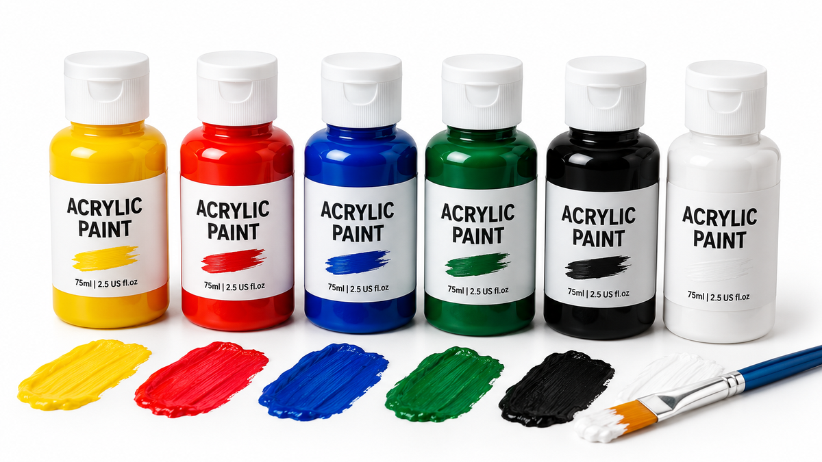 Student acrylic paint bottles and classroom packaging