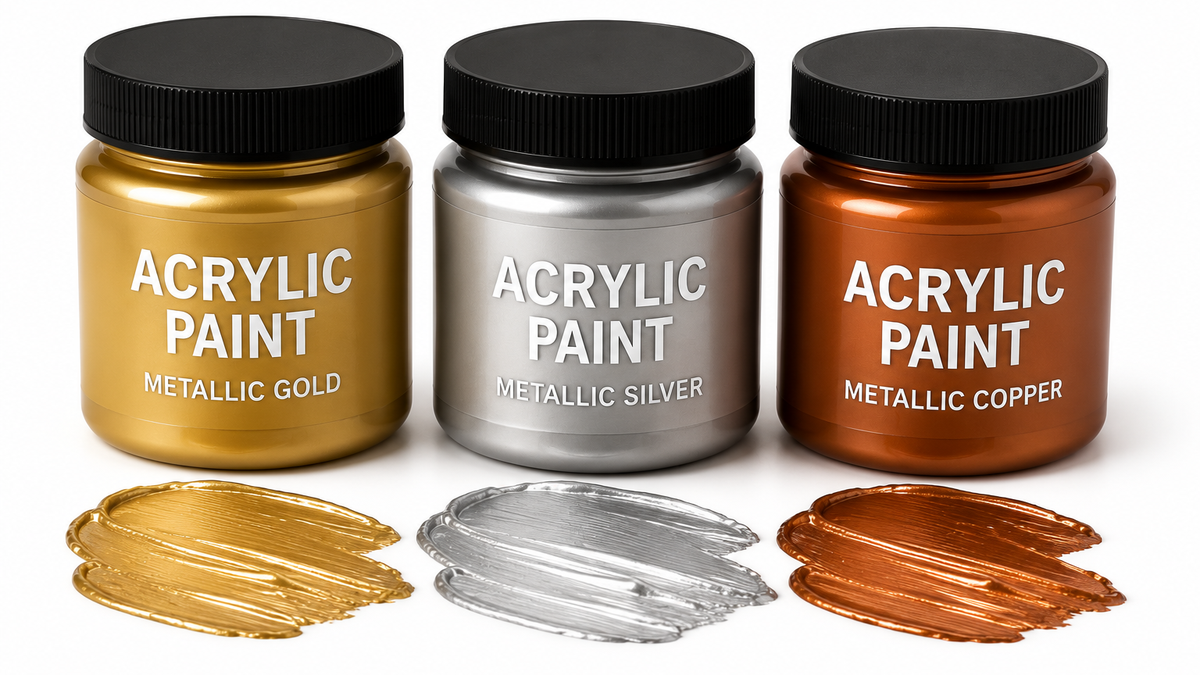 Metallic acrylic paint colors including gold silver and bronze