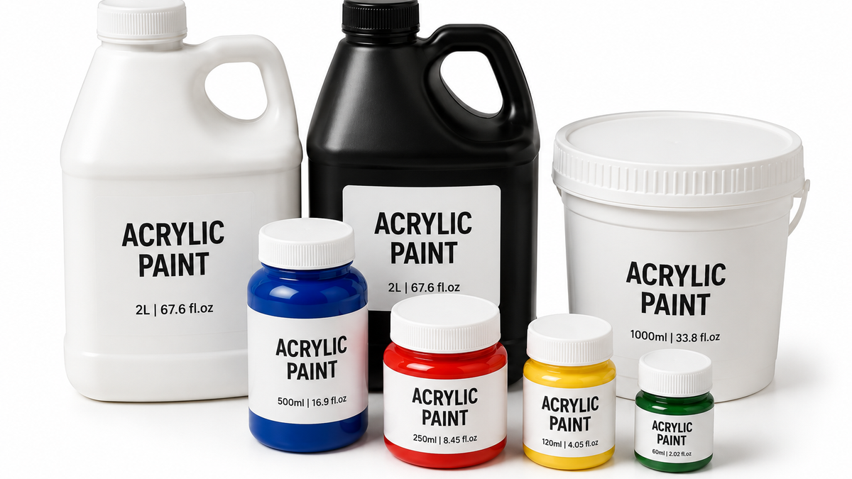 Bulk acrylic paint containers and large bottles