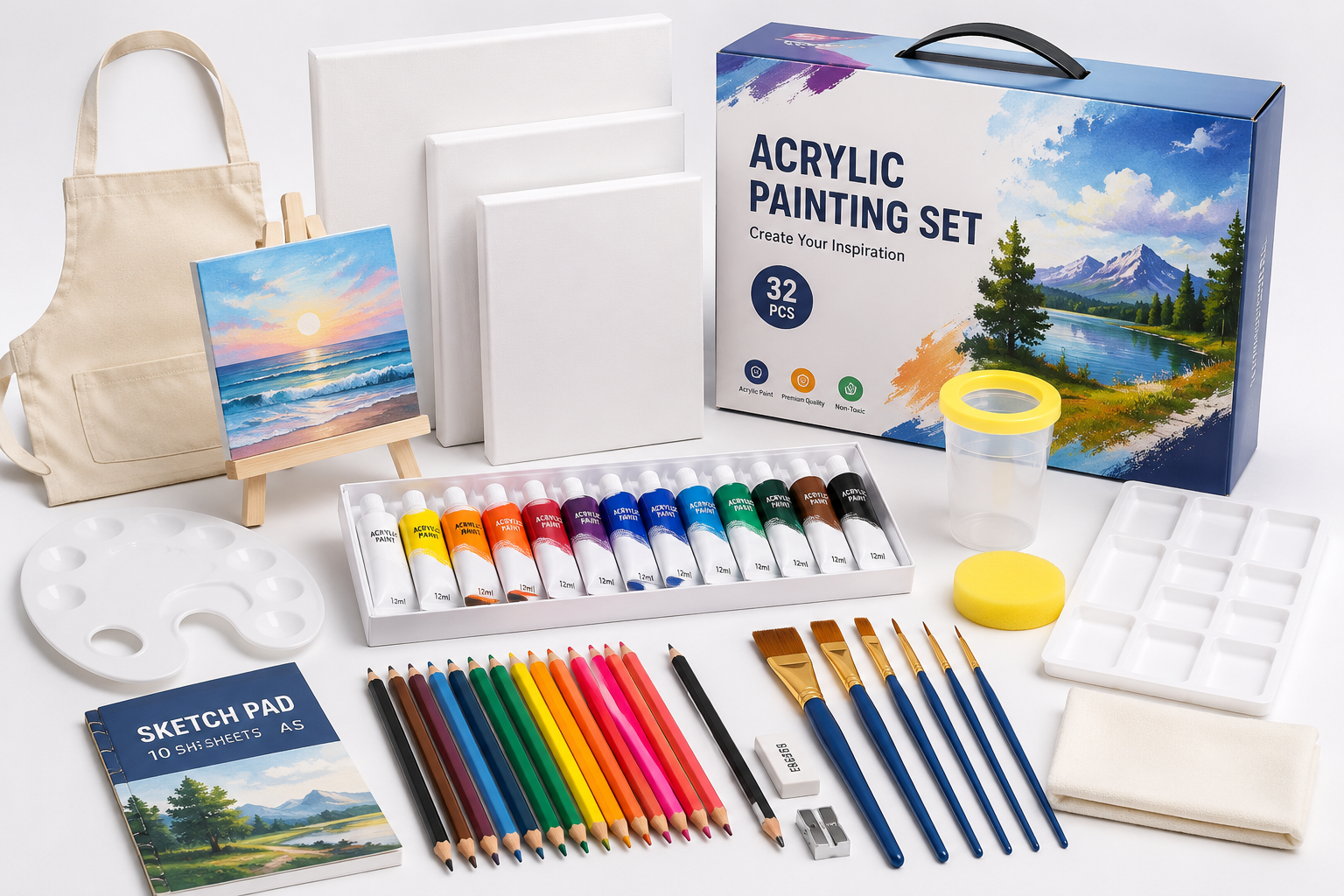 Custom painting set program with paints, brushes, canvas and retail packaging