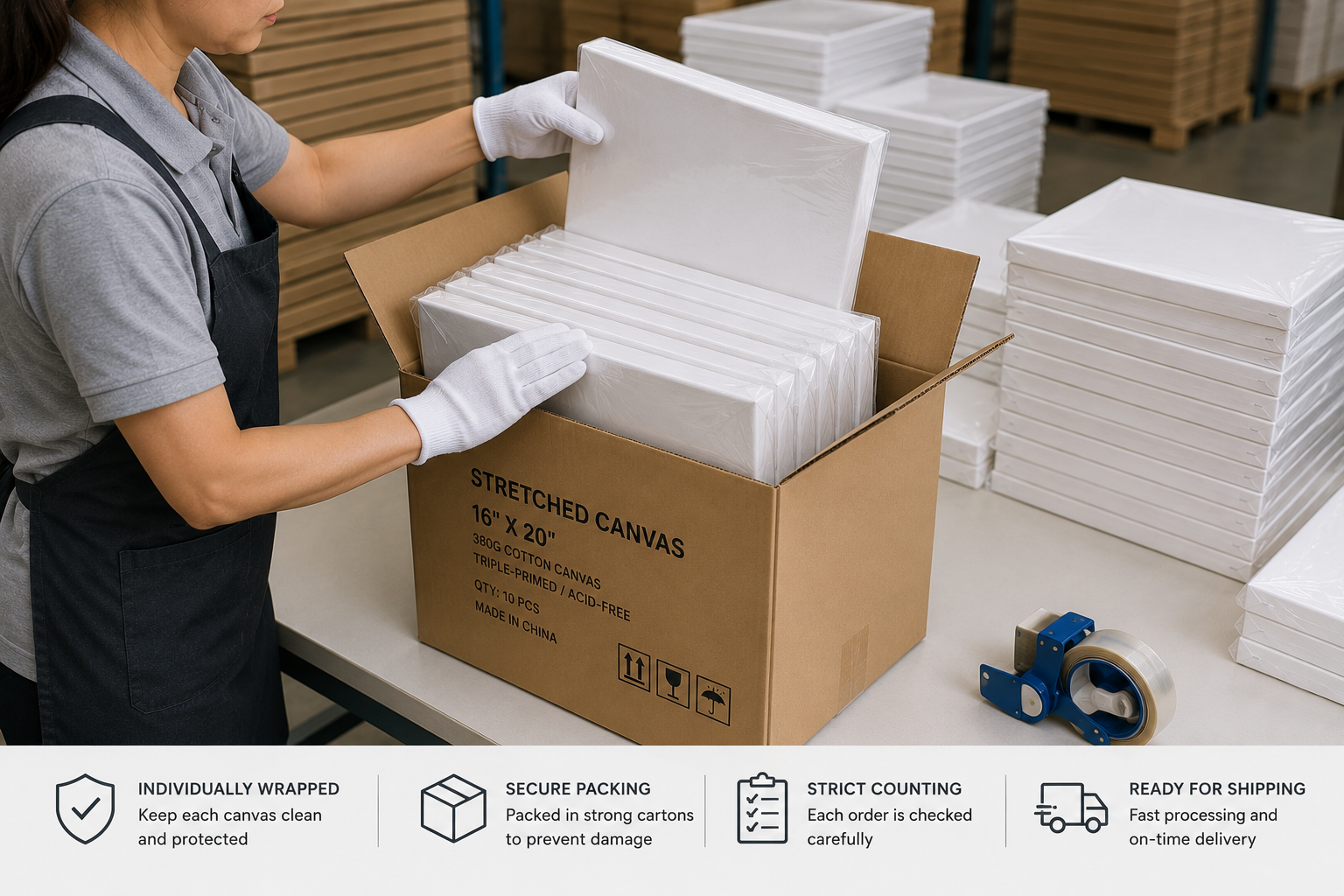 Packaging method for stretched canvas retail and bulk supply