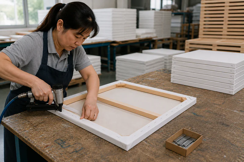 Stretched canvas production and frame assembly