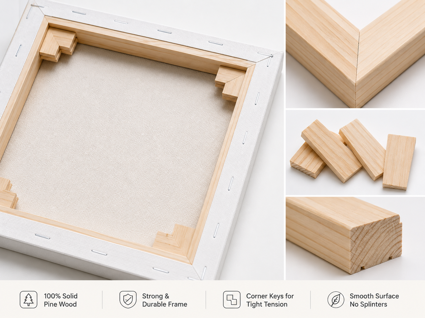 Wooden frame structure used for stretched canvas production