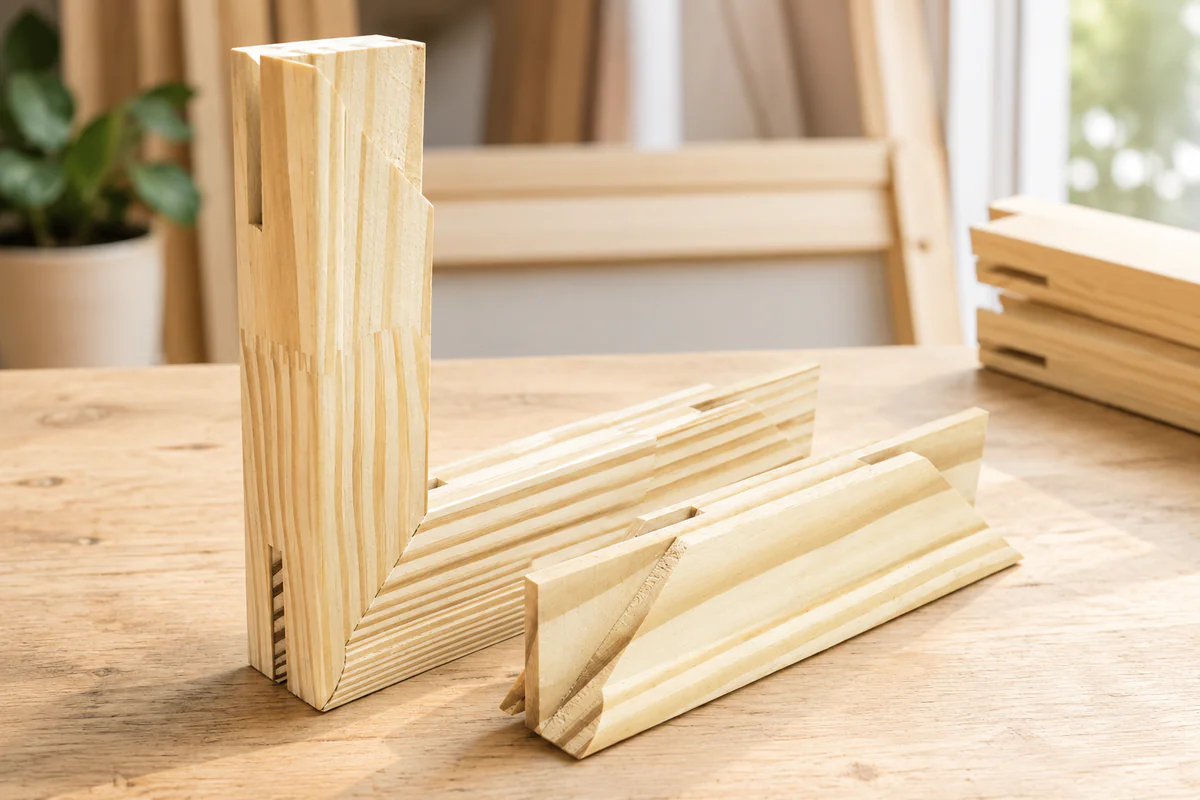 Wooden stretcher bar profile and corner construction